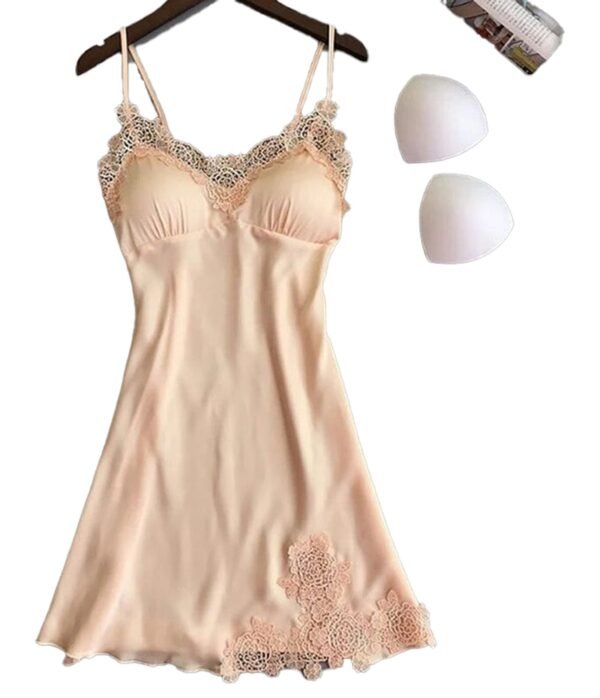 LuckeLadybug LLC Silk Lace Babydoll Lingerie in Soft Peach with Delicate Floral Lace Trim