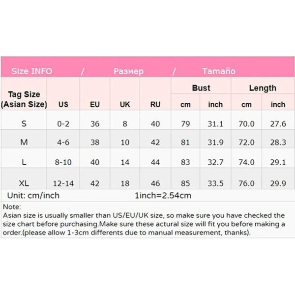 Size chart for silk lace babydoll lingerie from LuckeLadybug LLC showing measurements for various sizes