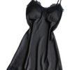 Black silk satin nightgown for women with lace trim and adjustable straps by LuckeLadybug LLC