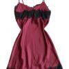 Burgundy silk satin nightgown for women featuring delicate black lace trim and adjustable straps