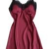 Burgundy silk satin nightgown for women with lace trim and adjustable straps