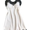 LuckeLadybug LLC Silk Satin Nightgown for Women in White with Black Lace Trim Details