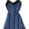 Navy blue silk satin nightgown for women with lace trim and adjustable straps by LuckeLadybug LLC
