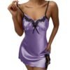 Purple silky satin nightdress for women with lace trim and adjustable straps