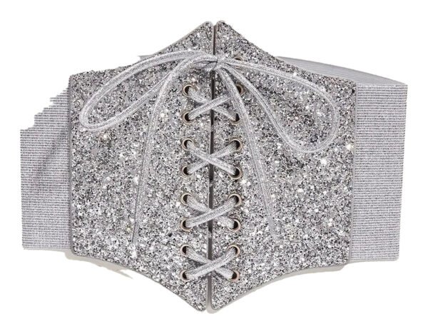 Silver Corset Belt for Women Trendy Style 6 Silver Corset Belt for Women Trendy Style Sparkling silver corset belt for women with lace-up front detail and adjustable design for a perfect fit