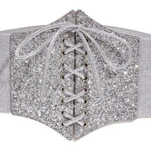 Silver corset belt for women with glittery finish and lace-up detailing for stylish outfits