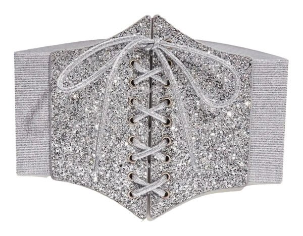 Silver Corset Belt for Women Trendy Style 1 Silver Corset Belt for Women Trendy Style Silver corset belt for women with glittery finish and lace-up detailing for stylish outfits