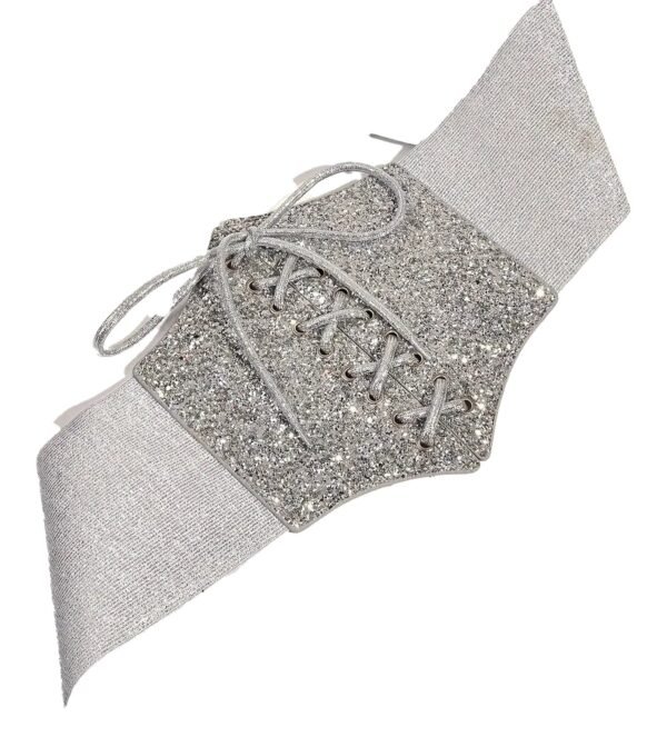 Silver Corset Belt for Women Trendy Style 3 Silver Corset Belt for Women Trendy Style Silver corset belt for women with glitter detailing and lace-up front design for stylish outfits