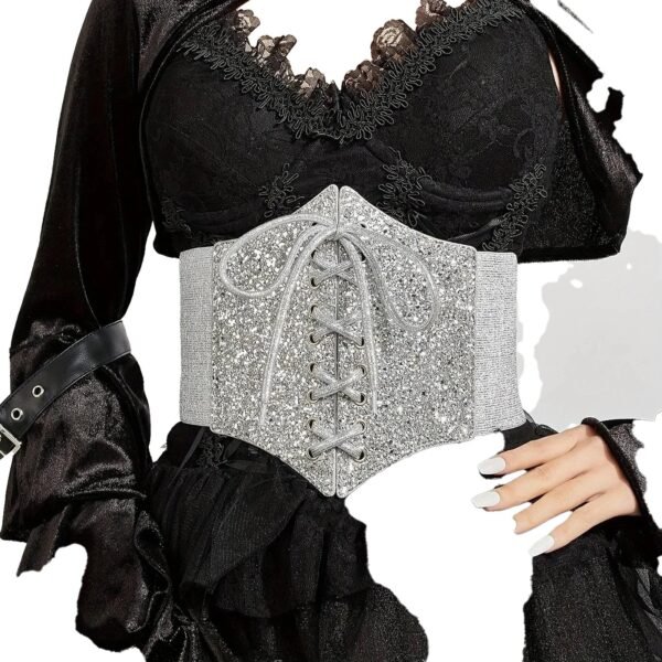 Silver Corset Belt for Women Trendy Style 4 Silver Corset Belt for Women Trendy Style LuckeLadybug LLC Silver corset belt for women with lace-up details for a stylish outfit