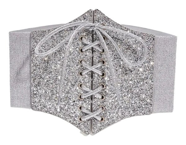 Silver Corset Belt for Women Trendy Style 5 Silver Corset Belt for Women Trendy Style LuckeLadybug silver corset belt for women featuring a glittery design and lace-up front for a stylish fit