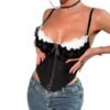 Stylish sexy mesh corset top with lace trim and fitted design, perfect for a night out.