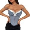 Stylish sexy mesh corset top in blue with lace trim and adjustable straps for a flattering fit
