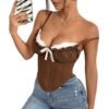 Brown sexy mesh corset top with lace trim and adjustable straps for a chic look
