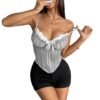 Stylish grey sexy mesh corset top with lace trim and adjustable straps for a chic look