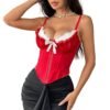 Sexy mesh corset top in red with lace and ribbon detailing for a flattering silhouette