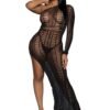 Model wearing black fishnet bodystocking Reel Me In Maxi Dress by LuckeLadybug LLC with one sleeve and asymmetrical hem