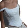 Square Neck Corset Crop Top For Chic Style 8 Square Neck Corset Crop Top For Chic Style White square neck corset crop top with structured design and off-shoulder straps for a chic look