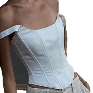 White square neck corset crop top with structured design and off-shoulder straps for a chic look