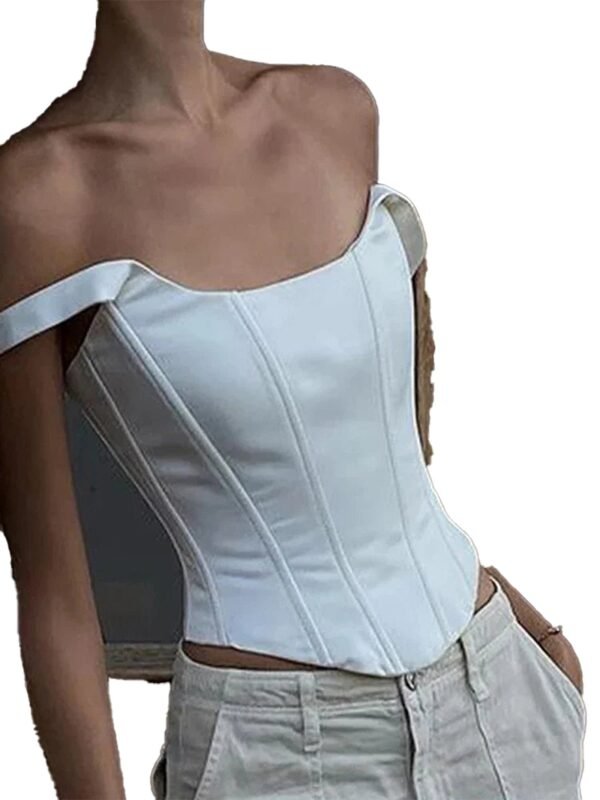 Square Neck Corset Crop Top For Chic Style 15 Square Neck Corset Crop Top For Chic Style White square neck corset crop top with structured design and off-shoulder straps for a chic look