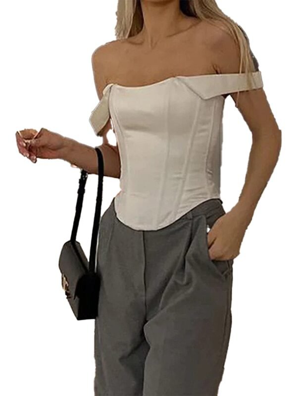 Square Neck Corset Crop Top For Chic Style 18 Square Neck Corset Crop Top For Chic Style Elegant square neck corset crop top in white, paired with stylish gray trousers for a chic look