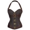 Steampunk corset top for women with intricate lace design and brass buckle details
