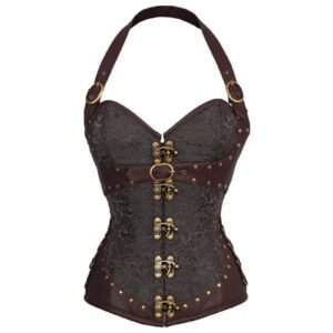 Steampunk corset top for women with brown leather accents and lace detailing