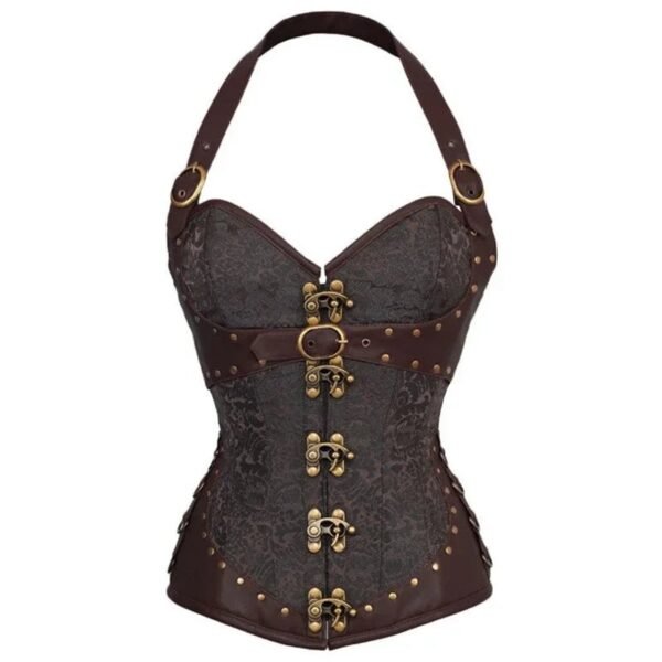 Steampunk corset top for women with brown leather accents and lace detailing