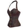 Steampunk corset top for women with intricate lace and leather detailing in brown and black