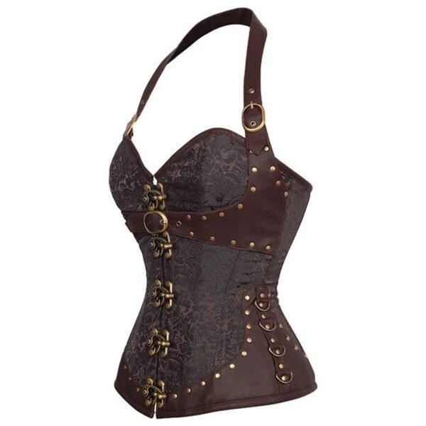 Steampunk corset top for women with intricate lace and leather detailing in brown and black