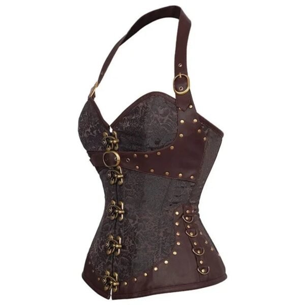Steampunk corset top for women in brown with lace and decorative metal accents