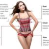 Steampunk corset top for women displayed on model with size measurement guide for bust, waist, and hips