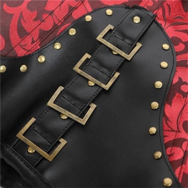 Close-up of a steampunk corset top for women featuring black leather and decorative studs