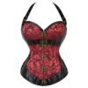 Elegant steampunk corset top for women in red floral design with black leather accents