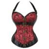 Steampunk corset top for women in red floral design with black leather accents and secure front hooks