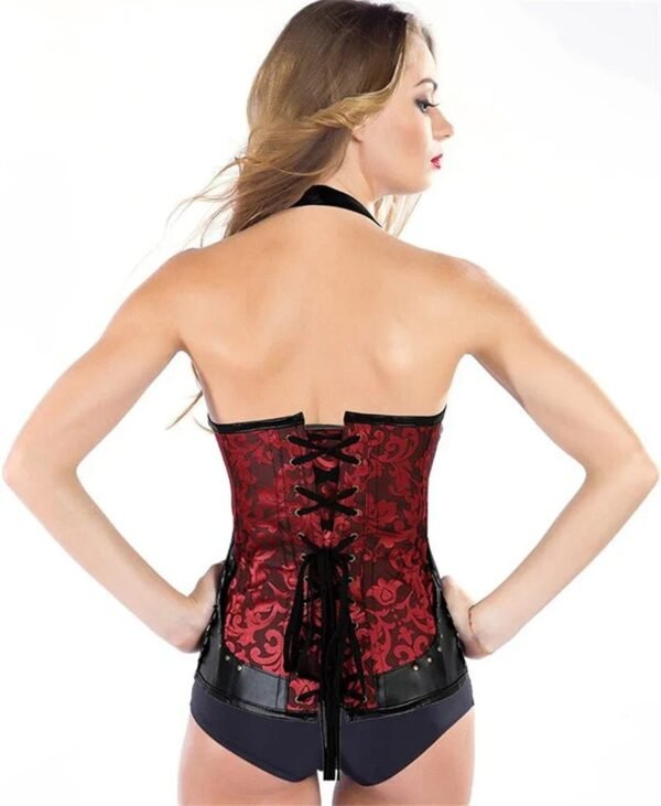 Elegant red steampunk corset top for women featuring a lace-up back design and intricate pattern