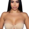 LuckeLadybug LLC strapless adhesive bra in nude worn by woman with long dark hair