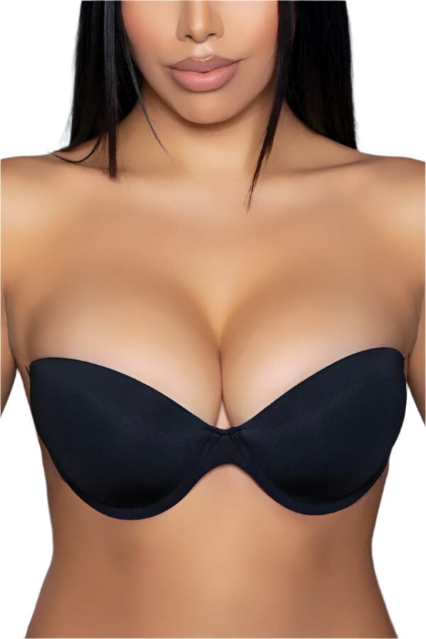 Strapless Adhesive Bra For Invisible Support 9 Strapless Adhesive Bra For Invisible Support LuckeLadybug LLC strapless adhesive bra in black worn by woman for seamless support and lift