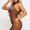 LuckeLadybug brown mini dress for women sheer rhinestone halter bodystocking on blonde model side pose