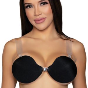 Black V-shaped adhesive bra with clear straps worn by woman showing smooth seamless fit