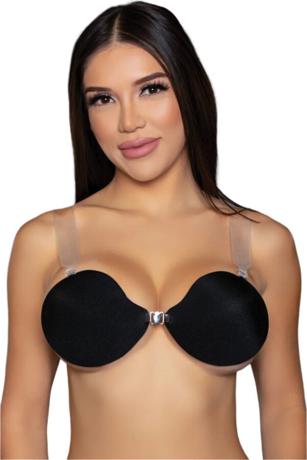 Black V-shaped adhesive bra with clear straps worn by woman showing smooth seamless fit