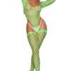Alluring Fishnet neon green bodystocking by LuckeLadybug LLC modeled full body pose with long sleeves and open weave