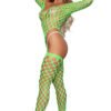 Alluring Fishnet neon green bodystocking by LuckeLadybug LLC modeled with long sleeves and thigh high fishnet legs
