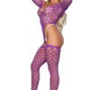 Alluring Fishnet purple large hole bodystocking with long sleeves high cut thong and attached thigh highs