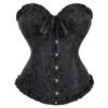 LuckeLadybug LLC 2025 lace-up corset bustier in black with detailed floral pattern and ruffled edges