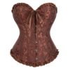 LuckeLadybug LLC 2025 lace-up corset bustier in ornate brown fabric with delicate ruffles