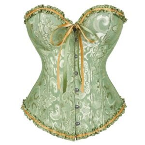 Elegant 2025 lace-up corset bustier in green with decorative ruffles and satin ribbon detailing