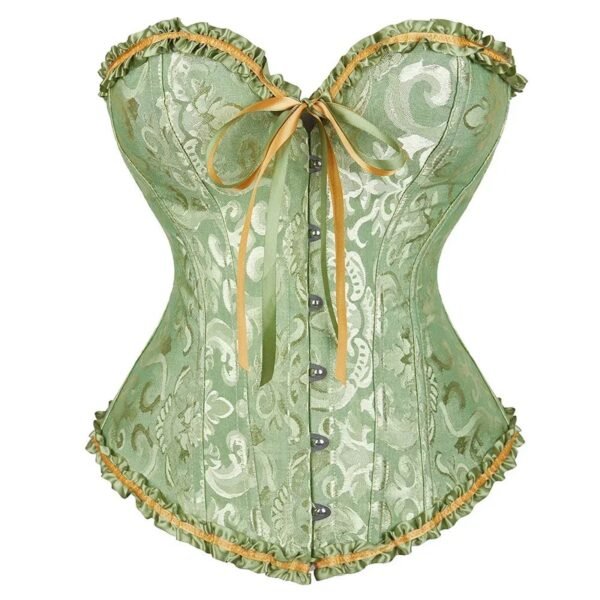 2025 Lace-Up Corset Bustier In Green 1 2025 Lace-Up Corset Bustier In Green Elegant 2025 lace-up corset bustier in green with decorative ruffles and satin ribbon detailing
