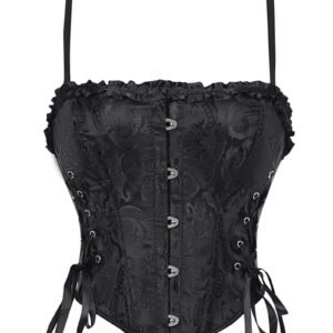 Black lace trim double halter corset with decorative buttons and lace-up sides