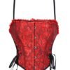 Red lace trim double halter corset with decorative ruffles and lace-up design