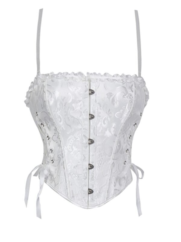 Lace Trim Double Halter Corset Top 42 Lace Trim Double Halter Corset Top Elegant white lace trim double halter corset with decorative buttons and adjustable ties